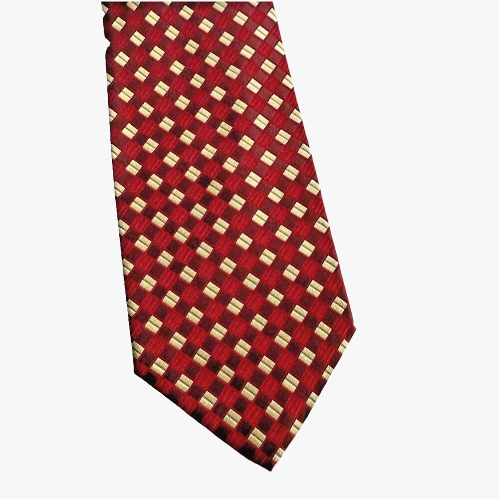 Geoffrey Beene Mens Necktie Tie Red Maroon Beige Checkered 3.75 x 58" Career